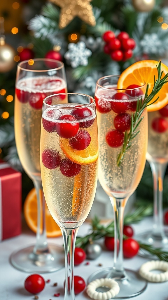 Sparkling Prosecco cocktails with cranberries and orange slices, decorated for Christmas.